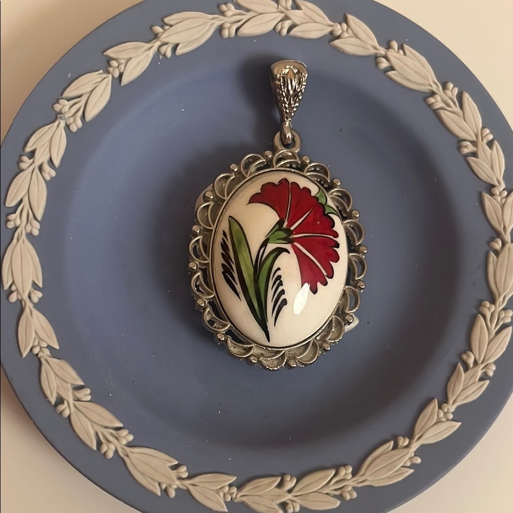 Hand painted Turkish ceramic Floral Cameo Pendant with Red Flower